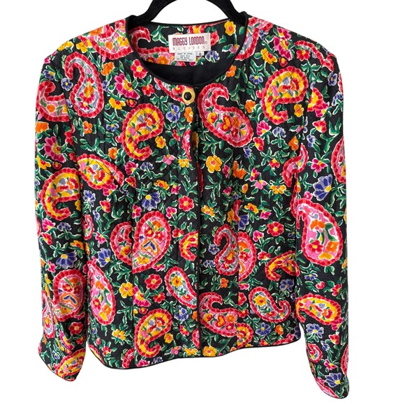 Maggy London Jackets & Blazers - Vintage Maggy London Silk Black Quilted Jacket‎ Boho  Paisley Floral Artsy  Sz 8